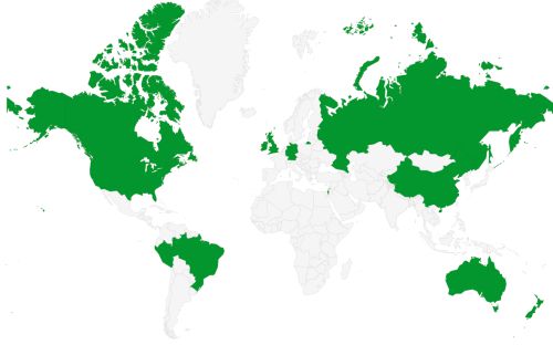Geographic coverage of home countries of SCRUM contacts shown in green