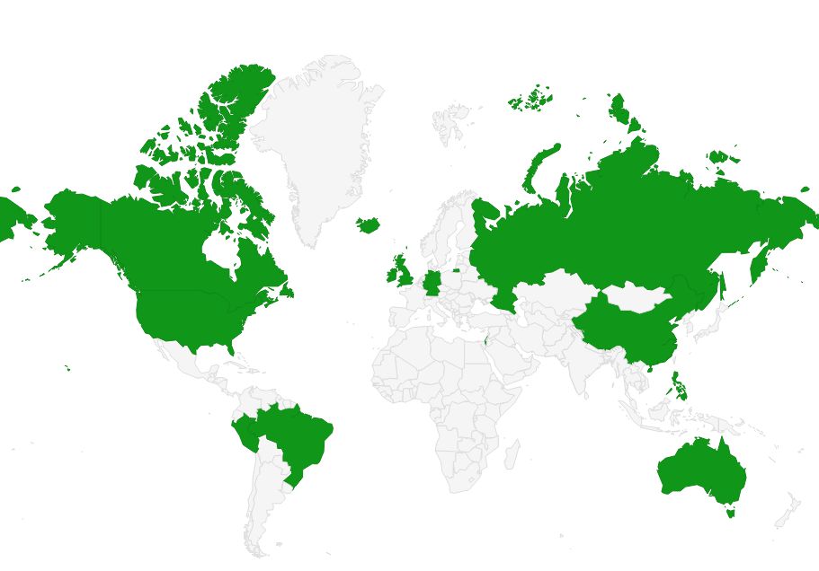 Geographic coverage of home countries of SCRUM contacts shown in green