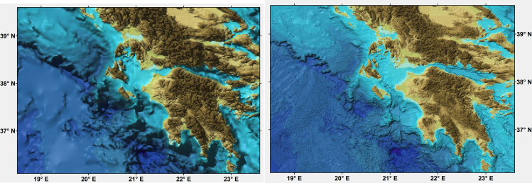 Comparison of the GEBCO One Minute Grid (left) and the GEBCO_2019 Grid (right), for part of the Ionian Sea region off Greece