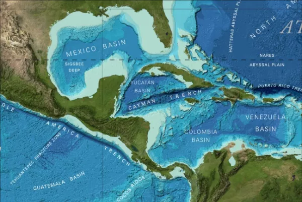 Part of the GEBCO world map showing bathymetry from the GEBCO grid and names from the GEBCO Gazetteer of Undersea Feature Names