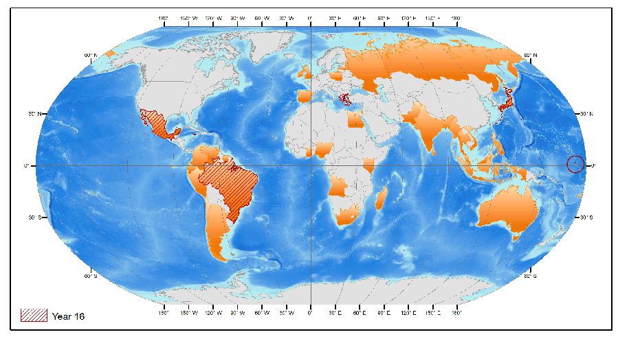 Home countries of Nippon Foundation-GEBCO Training Program Scholars shown in orange with the home countries of the Year 16 class marked with a hashed red pattern